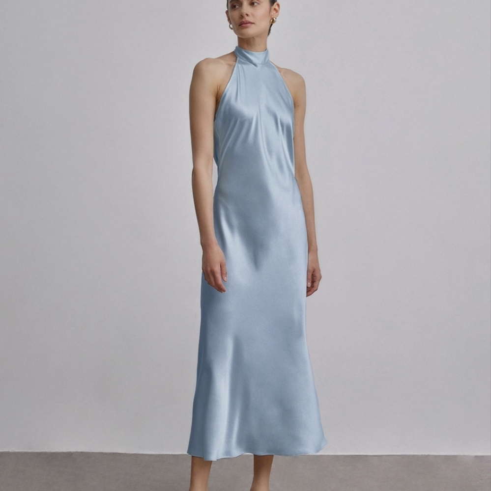 🆕 Silk Maison French Bow Tie Halterneck Silk Maxi Dress in Baby Blue